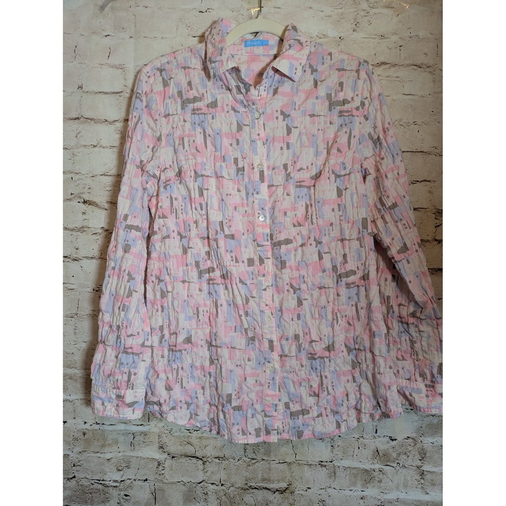 J. McLaughlin Button Up Top Medium In Crinkled Cotton Pastel Abstract Print